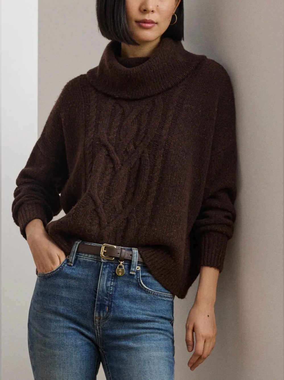 RALPH LAUREN | Brown Wool Blend Turtleneck Aran Knit Size Large - Picture 5 of 17